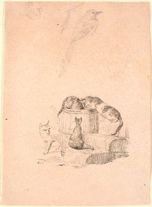 猫たち。 上、猫の頭と 2 つの怪我の鉛筆画 作： Johan Thomas Lundbye