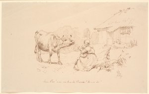 来いボス！ 住宅の外に座っている女性と子供が牛に向かって手を伸ばしている 作： Johan Thomas Lundbye