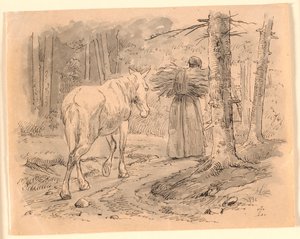 妻と馬。 Kaalund の「Fables for Children」のイラスト。 シート カタログのコメントを参照してください。 作： Johan Thomas Lundbye