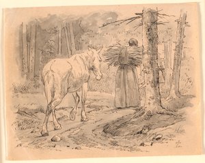 妻と馬。 Kaalund の「Fables for Children」のイラスト。 シート カタログのコメントを参照してください。 作： Johan Thomas Lundbye