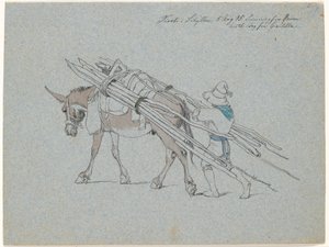 細い丸太を積んだラバと、それに続くドライバー 作： Johan Thomas Lundbye