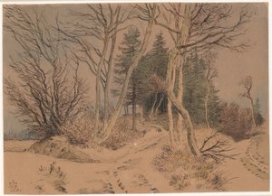 モミと裸の木の間の雪に覆われた道 作： Johan Thomas Lundbye
