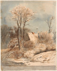 木々の間の家のある雪景色 作： Johan Thomas Lundbye