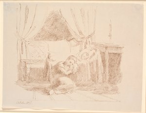 床に座って眠っている少女と寝室のインテリア、眠っている子供と一緒にゆりかごにもたれかかって 作： Johan Thomas Lundbye