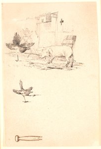 コウノトリとブタ。 損傷とツールの一部について以下に説明します。 Kaalund の「Fables for Children」のイラスト。 シート カタログのコメントを参照してください。 作： Johan Thomas Lundbye