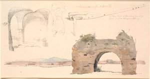 イタリアのローマ戦役の研究雑誌。 低い山々の景色を望むローマの水道橋のアーチの水彩画の下の習作。 F.o. 平らな丸天井のあるオープン スペースの研究、中央に大きな束を頭に乗せたイタリア人女性が描かれています。 鋤 作： Johan Thomas Lundbye