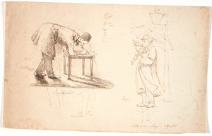 Studieblad、テレビ アーティスト自身が腰をかがめ、スツールや小さなテーブルに絵を描いているのが見られます。 将校とドレスを着た紳士の 2 つの習作の上に描かれています。 中央、研究責任者、自画像。 T.h。 アーティストは通りのランプと t で傘を持って立っています。