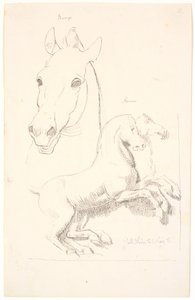 古代彫刻の研究。 馬の頭の上、下に 2 頭の馬のレリーフ 作： Johan Thomas Lundbye