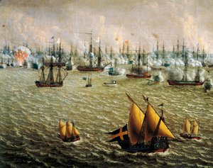 スウェーデンがフィンランドを支配したため、スウェーデンとロシアの艦隊が戦ったスカルガルドの戦い（1790年7月10日）、Johan Tietrich Schoultz（1754-1807）によるもので、ロシア・スウェーデン戦争 作： Johan Tietrich Schoultz