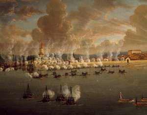 フレデリクスハウンを包囲するグスタフ3世のスウェーデン艦隊、1790年5月20日、Johan Tietrich Schoultz（1754-1807）作、ロシア・スウェーデン戦争、デンマーク人 作： Johan Tietrich Schoultz