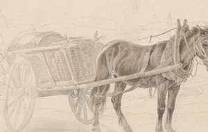 街灯柱の近くで茶色の馬が引くカート、Verso: A Group of Mounted Officers, ca. 1815年。 作： Johann Adam Klein