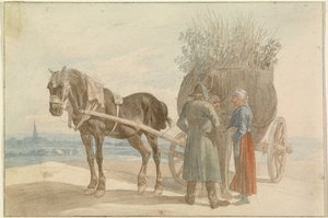 馬と荷車に乗ったオーストリアの農民と遠景のウィーン 作： Johann Adam Klein