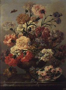 カーネーションと忘れな草、バラの花をガラスの鉢に入れて 作： Johann Baptist Drechsler