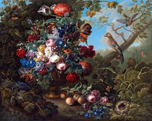鳥と大きな花の静物 作： Johann Baptist Drechsler