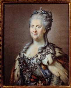 聖アンドレの首飾りと聖ゲオルギウスの十字架の紐をつけたロシア皇帝エカテリーナ2世（1729-1796）の肖像 18世紀の匿名の水彩画、ヨハン・バプティスト・フォン・ランピ（1751-1830）の絵による パリ、美術館 作： Johann Baptist I (after) Lampi