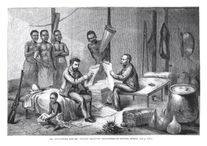 ピアソンによって刻まれた、デビッドリビングストン博士（1813-73）とヘンリーモートンスタンリー（1841-1904）が中央アフリカで新聞を受け取る 作： Johann Baptist Zweecker