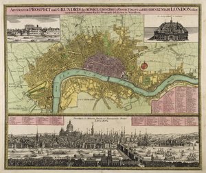 ロンドンの地図と展望、c.1710（手描きの彫刻）