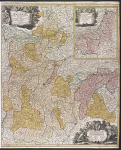 バイエルン州の地図、「Bavariæ Pars Superior」、1715年以降（カラー彫刻） 作： Johann Baptista Homann