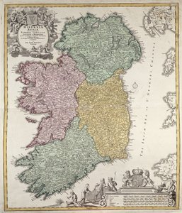 ヨハンB.ホーマン作のアルスター、ミュンスター、コンノート、レンスターの各州を示すアイルランドの地図、c.1730（手描きの彫刻）