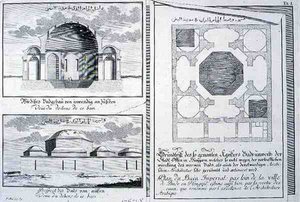 ハンガリー、ブダペストの皇室浴場の平面図、立面図、断面図（「Entwurf einer historischen Architektur」より 作： Johann Bernhard (after) Fischer von Erlach