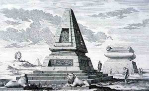 ヘリオポリスの遺跡で発見されたエジプトのソティス王の墓を示すピラミッド。 Entwurf einer historischen Architektur」より。 作： Johann Bernhard (after) Fischer von Erlach