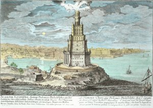 ヨハンアダムデルゼンバッハ（1687-1765）によって彫刻されたEntwurf einer historischen Architekturから、エジプトのプトレマイオス大王（紀元前30年後36年）によって建てられたアレクサンドリアの灯台、1721年（後の色）