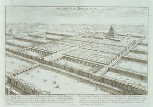 「ドラフトヒストリックアーキテクチャー」、1721年からの王宮とバビロンのハンギングガーデンのパノラマビュー 作： Johann Bernhard Fischer von Erlach