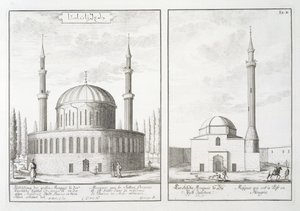 ブルサのモスクとハンガリーのモスクの眺め、「歴史的建造物の設計」、1721年 作： Johann Bernhard Fischer von Erlach