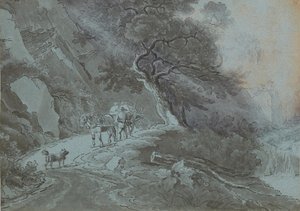 雷雨の林道を馬車で走る農夫 作： Johann Christian Brand
