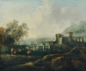 川と廃橋のある理想の風景（朝） 作： Johann Christian Brand