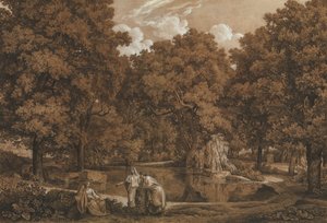 湖に 3 人の人物がいるアルカディアの風景、1792 年。