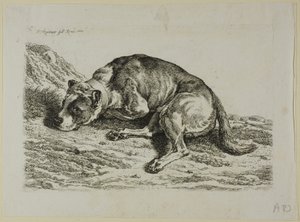 「泥棒の第二の連続」より 横たわる犬 作： Johann Christian Reinhart