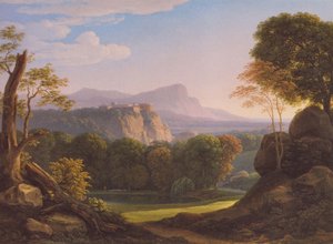 ドイツ語：Italienische Landschaft mit Schloss auf einem Bergrücken 尾根に城のあるイタリアの風景 作： ヨハン・クリスチャン・ラインハート