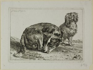 休む二匹の犬、『ツヴァイテ・ティエルフォルゲ』より 作： Johann Christian Reinhart