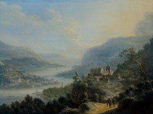 城のそばの道を行く旅人とライン川の広大な風景