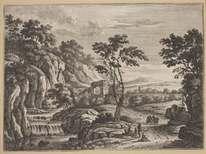 廃墟と滝のある風景 作： Johann Christoph Dietzsch