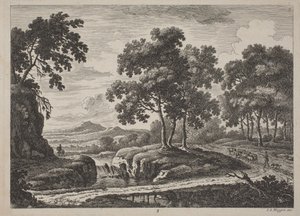 旅行者とのパノラマの川の風景 作： Johann Christoph Dietzsch