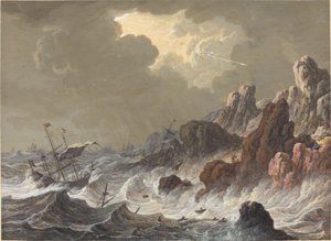 岩の多い海岸で難破した嵐の船。 作： Johann Christoph Dietzsch