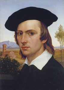 ローマ時代の風景の前のベレー帽の自画像