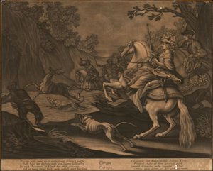 年頃1770年 ヨーロッパの寓意的メゾチント 作： ヨハン・エリアス・ライディンガー