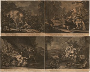 年頃1770年、アフリカ、アジア、アメリカ、ヨーロッパの寓意的メゾチントを1ページに掲載 作： ヨハン・エリアス・ライディンガー