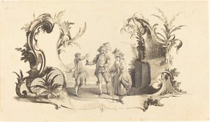 ワインを提供される若いカップルとカルトゥーシュ モデルヌ 作： Johann Esaias Nilson
