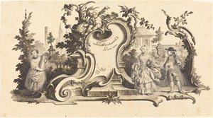 [さまざまな人物] で飾られた現代のカルトゥーシュ (セットのプレート VI-1) 作： Johann Esaias Nilson