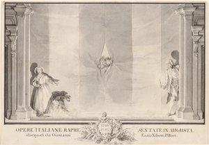 他の俳優がフットライトの準備をしている間に、劇場のカーテンを覗く 2 人の俳優 作： Johann Esaias Nilson