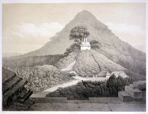 パレンケの十字架の神殿の絵のような景色、「メキシコの古代遺跡」のプレート20、ユベール・クレルジェ（1818-99）の彫刻、1866年（リトグラフ）。 作： Johann Friedrich Maximilian von (after) Waldeck