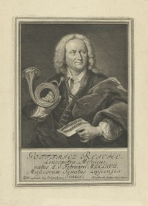 トランペット奏者であり作曲家であるゴットフリート・ライヒ1667-1734、1727の肖像。 作： Johann Friedrich Rosbach