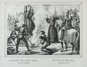 19世紀半ばのコンスタンツにおけるヤンフスの死。 作： Johann Friedrich Wentzel