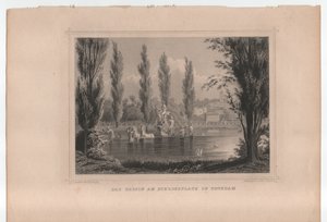 1855年頃、ポツダムのシュロス広場の水盤（エングレーヴィング） 作： Johann Gabriel Friedrich Poppel