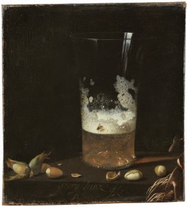 ビールグラスとナッツのある静物 作： Johann Georg Hainz