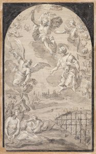 アウクスブルクの街に雷を落とさないようキリストに執り成す聖人 作： Johann Georg Melchior (1625 1705) Schmittner